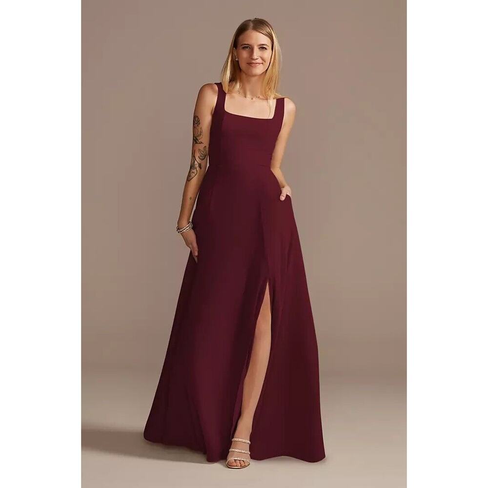 David's Bridal Squared Tank Lace Up Chiffon Bridesmaid Dress, Wine Size 6 F20328